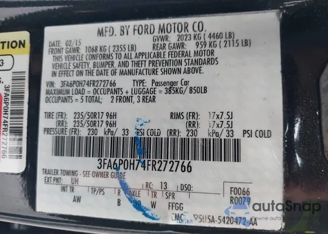 2015 Ford Fusion Se z USA, uszkodzony, nr VIN 3FA6P0H74FR272766